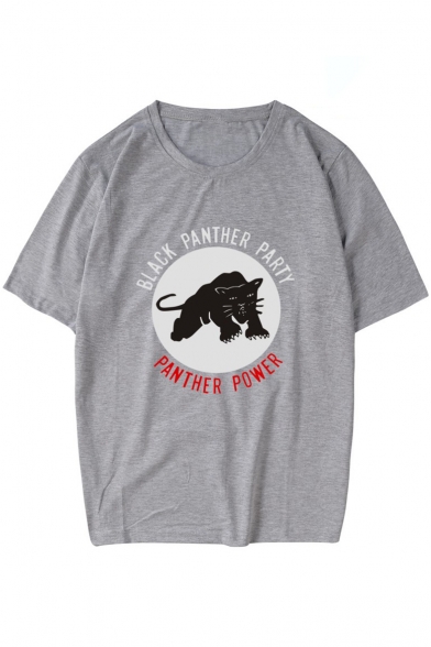 Street Fashion Panther Letter Print Round Neck Short Sleeves Summer T-shirt