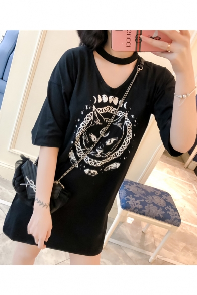 Summer Fashion Cat Pattern Hollow V-Neck Half Sleeve Loose Mini T-shirt Dress