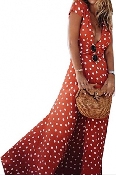 Summer Fashion Polka Dot Print Plunge Neck Belted Split Front Maxi Beach Dress