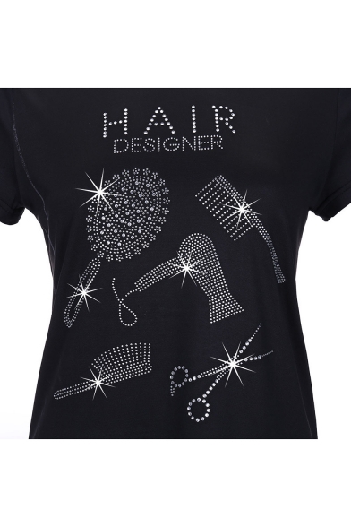 Unique Hair Dryer Comb Mirror Letter Print V Neck Short Sleeves Casual Tee