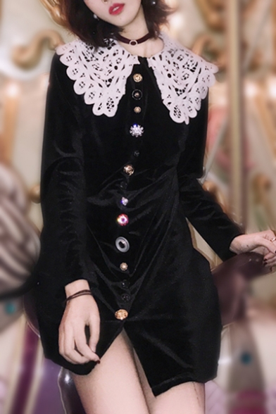 Vintage Retro Oversize Lapel Long Sleeve Button Detail Shift Velvet Mini Dress