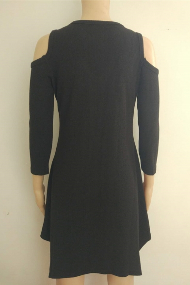 Women's Fashion V-Neck Cold Shoulder High Low Hem Plain Dress