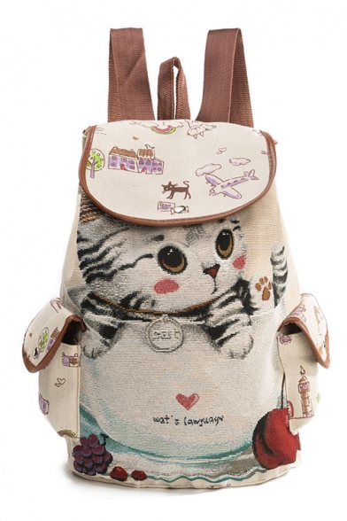 Adorable Cat Cartoon Letter Print Flap Pockets Backpack School Bag