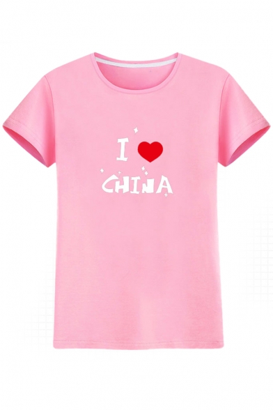 Casual Letter Sweetheart Print Round Neck Short Sleeves Summer T-shirt