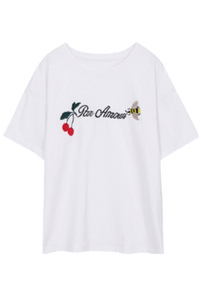 Cherry Letter Bee Printed Round Neck Short Sleeve Tee