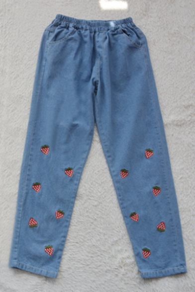 Childish Strawberry Embroidered Turn-up Ankle Elastic Waist Cropped Jeans