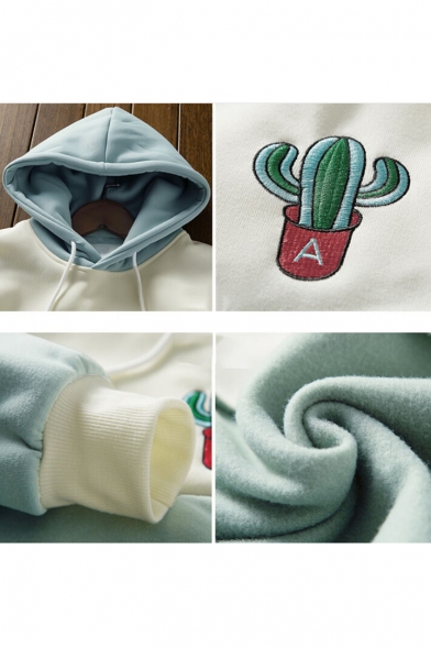 Color Block Cactus Embroidered Long Sleeve Drawstring Hood Loose Hoodie