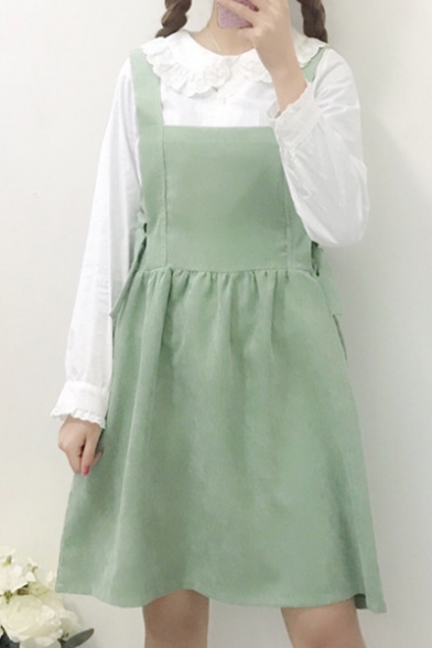 Cute Bow Side Plain Sleeveless Midi Overall Dress