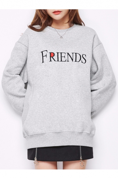 Fancy Letter Embroidery Round Neck Long Sleeves Pullover Tunic Sweatshirt