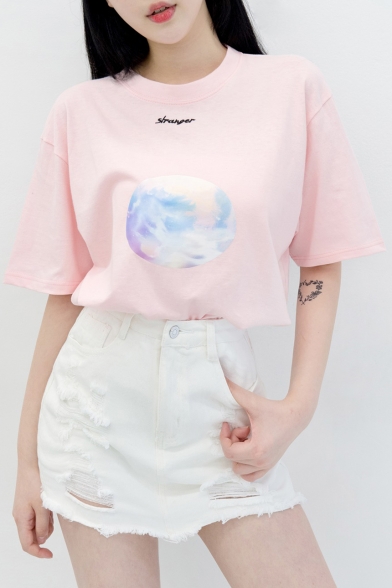 Fancy Planet Printed Letter Embroidered Round Neck Short Sleeve Tee
