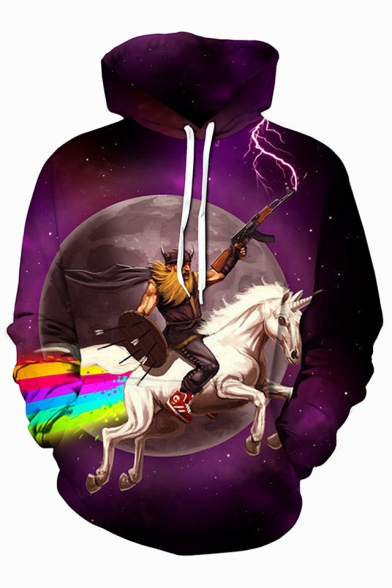 Funny Unicorn Rainbow Planet Warrior Print Long Sleeves Pullover Hoodie