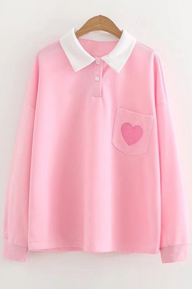 

Heart Embroidered Detail Pocket Contrast Lapel Collar Long Sleeve Double Buttons Leisure Tee, Pink;gray