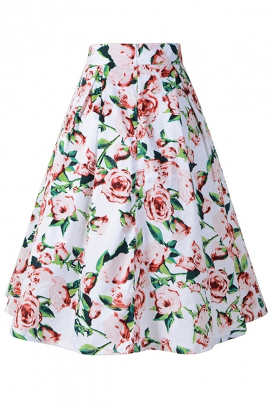 Hot Popular Retro Camellia Printed Zipper Fly Midi A-Line Skirt