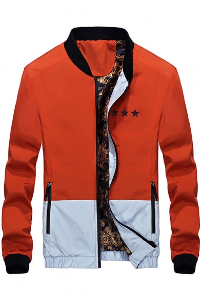 Men's Fashion Color Block Star Letter Pattern Zip Up Long Sleeve Baseball Jacket