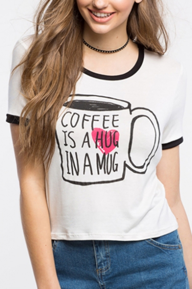New Arrival Cup Letter Print Round Neck Short Sleeves Casual Cropped Tee