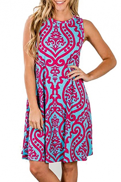 New Trendy Tribal Printed Round Neck Sleeveless Mini A-Line Dress