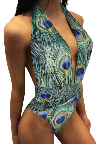 Peacock Feather Printed V Neck Halter Sleeveless Open Back One Piece Swimwear