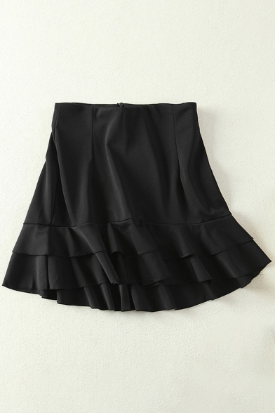 Popular Plain Ruffle Layered Hem High Waist Zip Back Women's Skirt