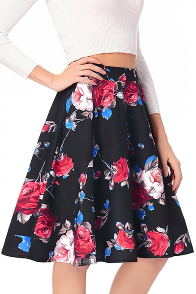 Retro Floral Printed Zipper Fly Leisure Midi A-Line Skirt
