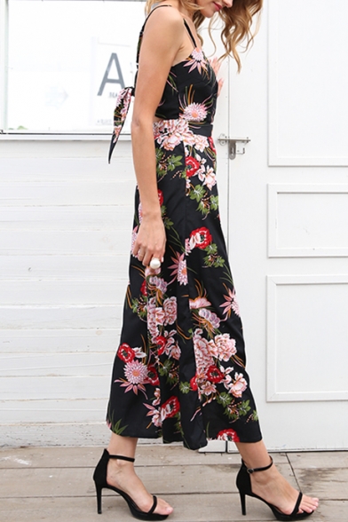 Spaghetti Straps Floral Printed Sleeveless Hollow Out Bow Tied Back Wide Leg Jumpsuit