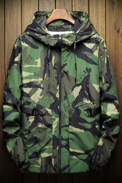 Street Fashion Camouflaged Pattern Zip Up Drawstring Hooded Long Sleeve Jacket