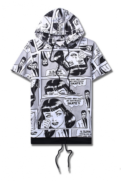 

Street Fashion Comic Print Short Sleeves Summer Hooded Drawstring T-shirt, LC466403