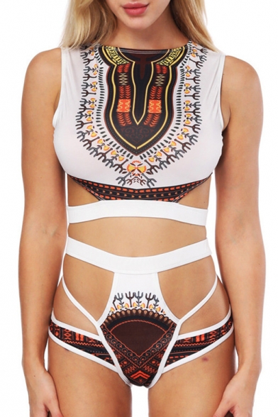 Summer Collection Tribal Print Higth Waist Hollow Out Detail Tankini