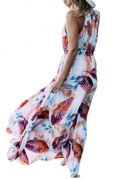 Vacation Fashion Spaghetti Straps Planet Leaf Print Maxi Beach Dress