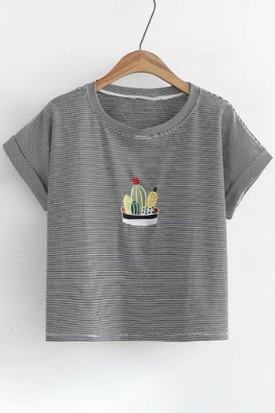 Cactus Embroidered Striped Printed Round Neck Short Sleeve Roll Cuff Detail Tee