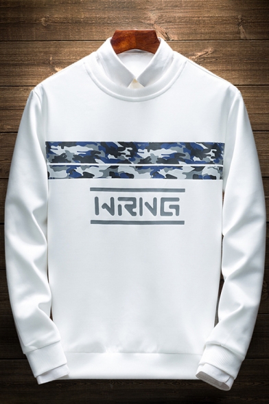 Camouflage Letter Printed Round Neck Long Sleeve Pullover Sweatshirt