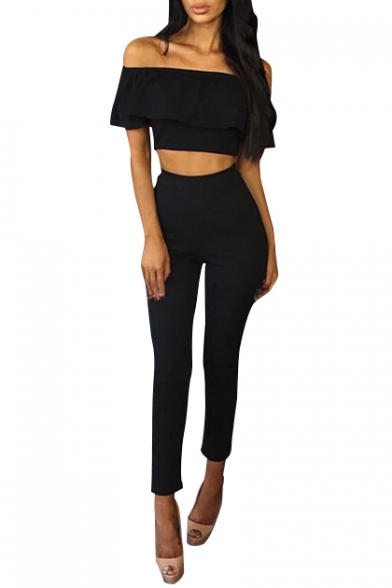 Casual Plain Off the Shoulder Ruffle Detail Cropped Top with High Waist Cropped Pants