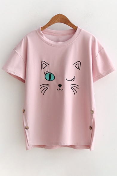 Cat Embroidered Round Neck Short Sleeve Buttons Embellished Side Comfort Tee