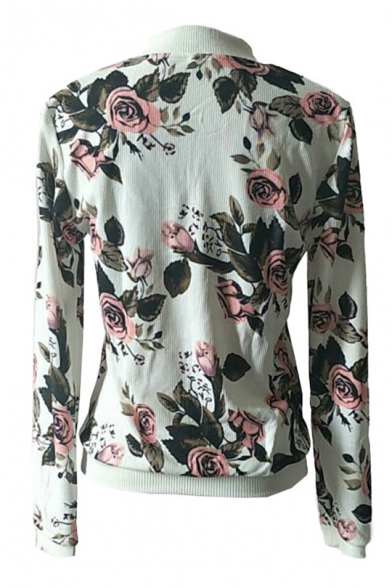 Chic Fashion Floral Print Long Sleeve Zip Up Baseball Jacket