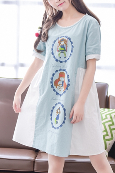 Color Block Cartoon Girl Printed Round Neck Short Sleeve Midi Smock Dress