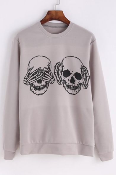 Cool Skull Hand Print Round Neck Long Sleeves Pullover Sweatshirt
