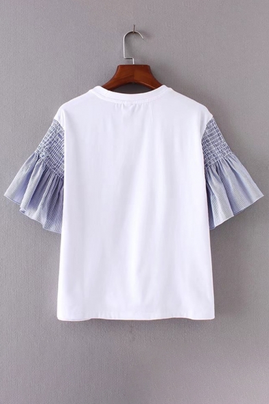 Cute Fashion Ruffle Sleeve Color Block Round Neck Summer Casual Tee