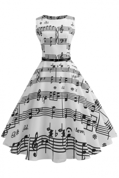 Elegant Music Note Pattern Belted Round Neck Midi Fit & Flare Monochrome Dress