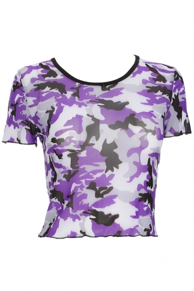 Fashionable Camouflaged Pattern Round Neck Short Sleeve See Through Cropped Tee