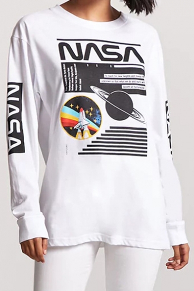 Hot Fashion Leisure Letter Planet Printed Round Neck Long Sleeve Tee