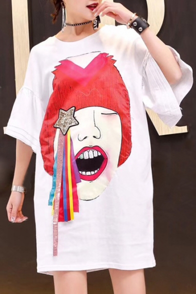 Leisure Cartoon Star Pattern Half Sleeve Loose Summer Mini T-shirt Dress