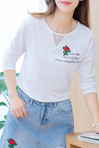 Letter Printed Floral Embroidered Sheer Mesh Insert Round Neck Long Sleeve Tee