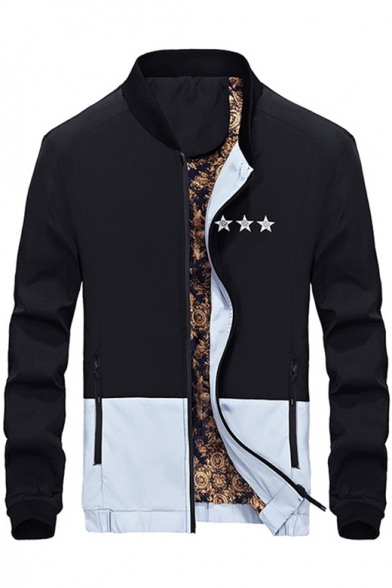 Men's Fashion Color Block Star Letter Pattern Zip Up Long Sleeve Baseball Jacket