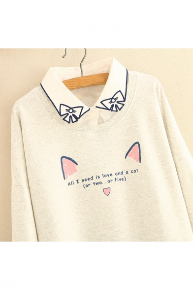 New Arrival Fake Two Pieces Collared Cat Ears Letter Printed Long Sleeve Pullover Sweatshirt