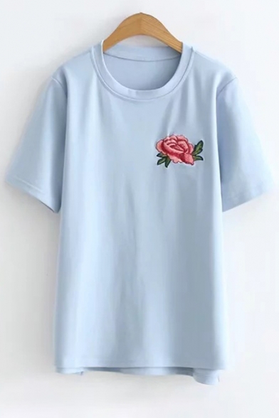Retro Floral Embroidered Round Neck Short Sleeves Summer T-shirt