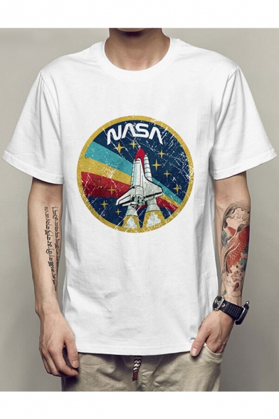 Retro Rocket Letter Print Round Neck Short Sleeves Casual Tee
