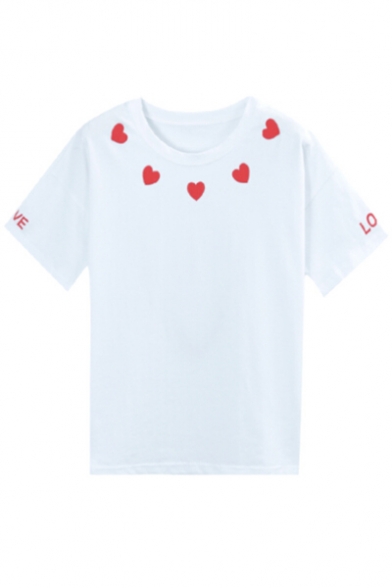 Simple Basic Heart Letter Printed Round Neck Short Sleeve Graphic Tee