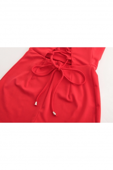 Spaghetti Straps Sleeveless Lace Up Back Plain Ruffle Hem Mini Cami Dress