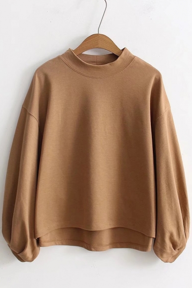 Spring Collection Blouson Long Sleeve Mock Neck Plain Dipped Hem Pullover Sweatshirt