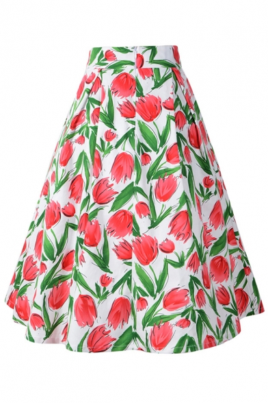 Spring's New Arrival Tulip Printed Zipper Fly Retro Midi A-Line Skirt