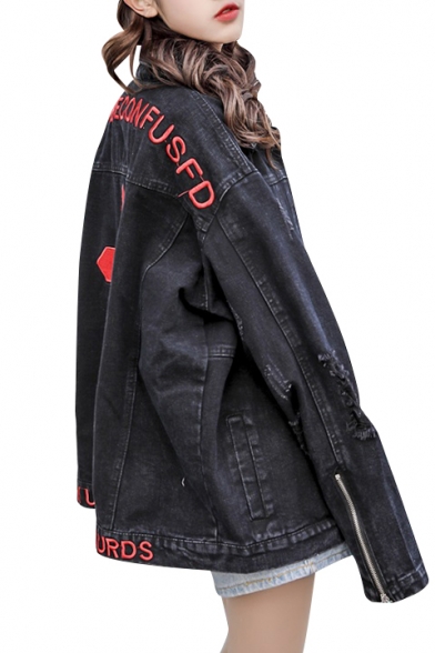 Street Fashion Cross Letter Embroidery Ripped Off Lapel Denim Jacket